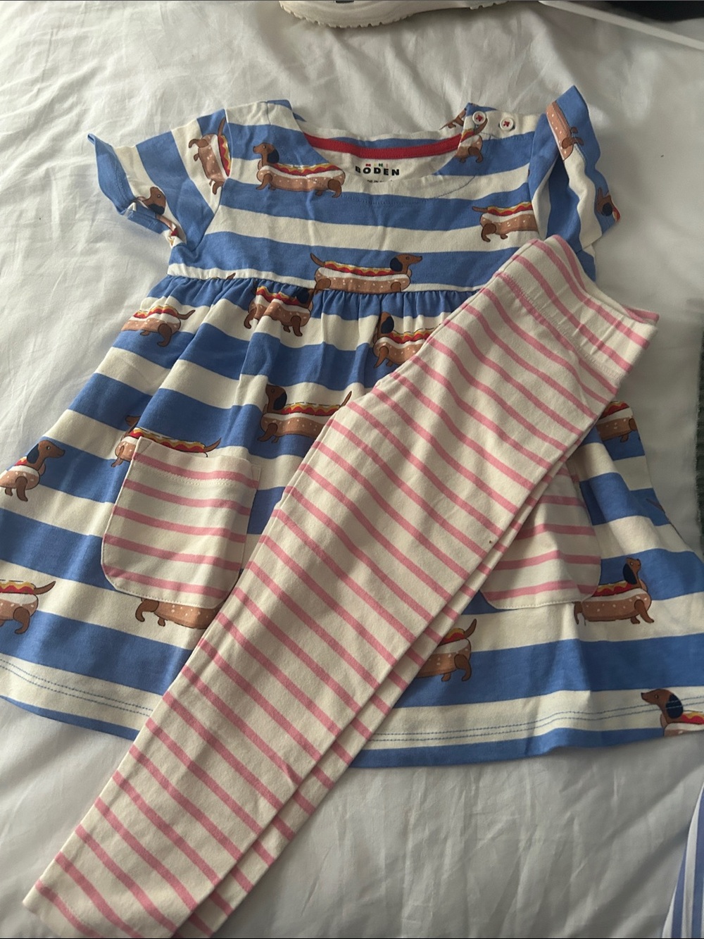 Boden Blue and White Striped Dachshund Dress with Pink Striped Leggings